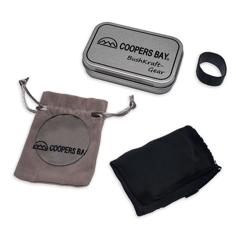 Load image into Gallery viewer, Lens Burning Fire Starter Kit - Includes Glass Magnifying Lens, Char Cloth & Tin