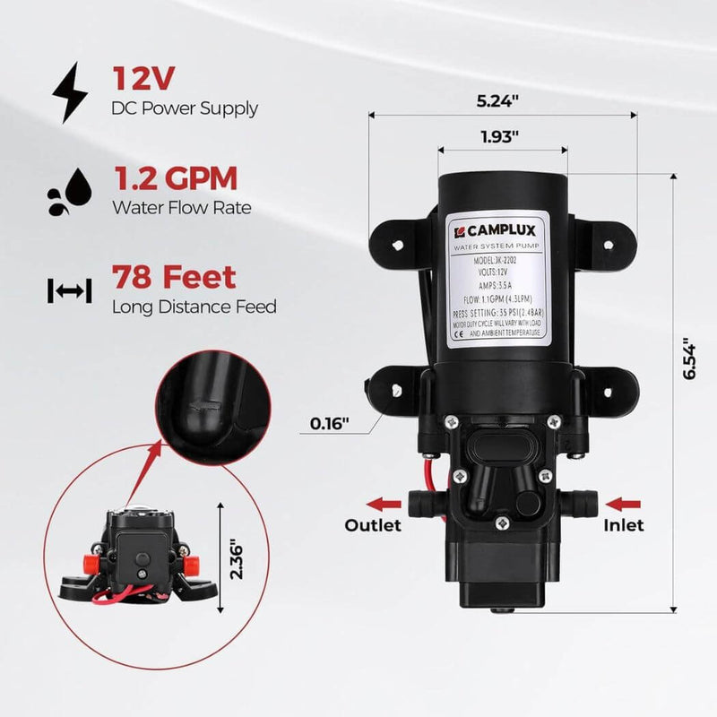 Load image into Gallery viewer, Camplux 12V Water Pump 35PSI DC 1.2GPM 4.3LPM Diaphragm for Caravan RV Marine Fishing Boat