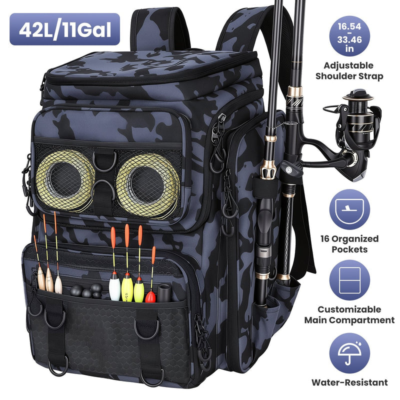 Load image into Gallery viewer, 42L/11Gal Fishing Backpack Large Capacity Fishing Tackle Storage Bag with Rod Holders 16-Pocket Water-Resistant with Divider Adjustable Padded Straps