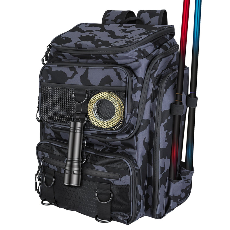 Load image into Gallery viewer, 42L/11Gal Fishing Backpack Large Capacity Fishing Tackle Storage Bag with Rod Holders 16-Pocket Water-Resistant with Divider Adjustable Padded Straps