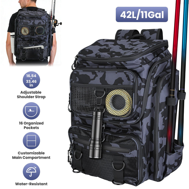Load image into Gallery viewer, 42L/11Gal Fishing Backpack Large Capacity Fishing Tackle Storage Bag with Rod Holders 16-Pocket Water-Resistant with Divider Adjustable Padded Straps