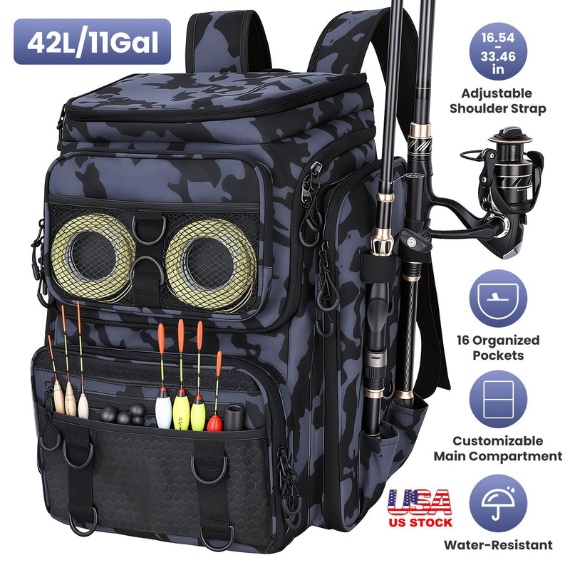 Load image into Gallery viewer, 42L/11Gal Fishing Backpack Large Capacity Fishing Tackle Storage Bag with Rod Holders 16-Pocket Water-Resistant with Divider Adjustable Padded Straps