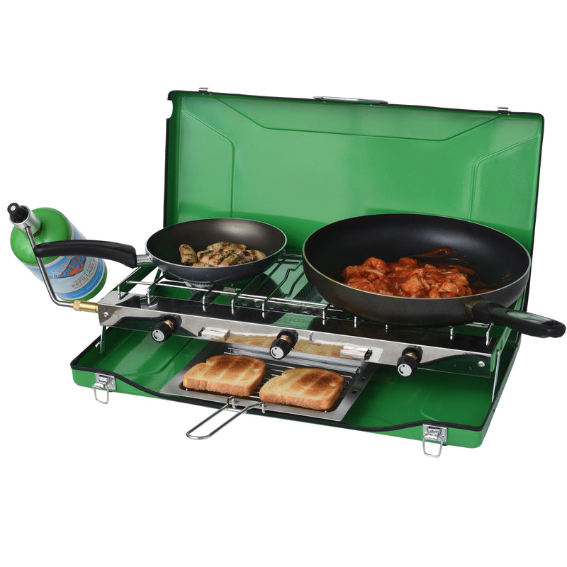 Load image into Gallery viewer, Flame King Portable 3 Burner Grill Propane Gas Camping Stove Toast Tray
