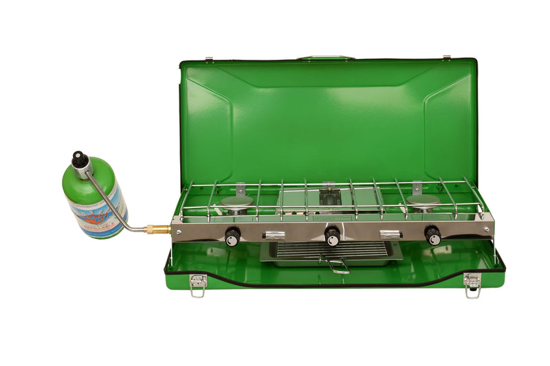 Load image into Gallery viewer, Flame King Portable 3 Burner Grill Propane Gas Camping Stove Toast Tray