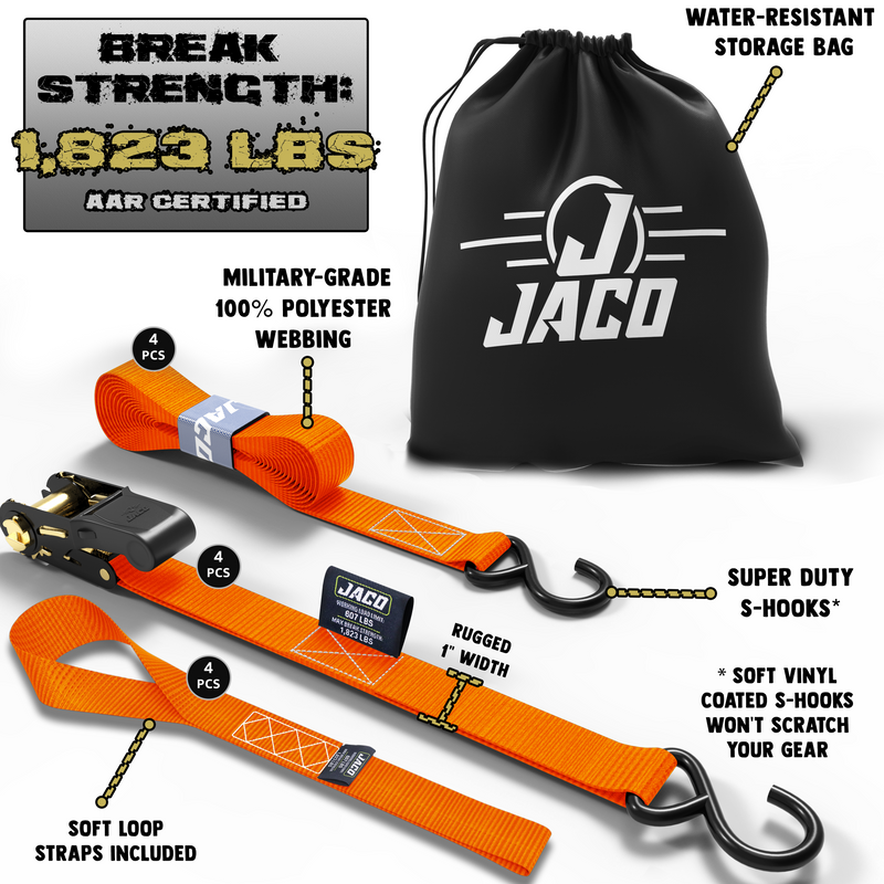Load image into Gallery viewer, Tie Down Ratchet Straps (4 Pack) - 1 in x 15 ft | AAR Certified Break Strength (1,823 lbs) | Cargo Tie Down Set
