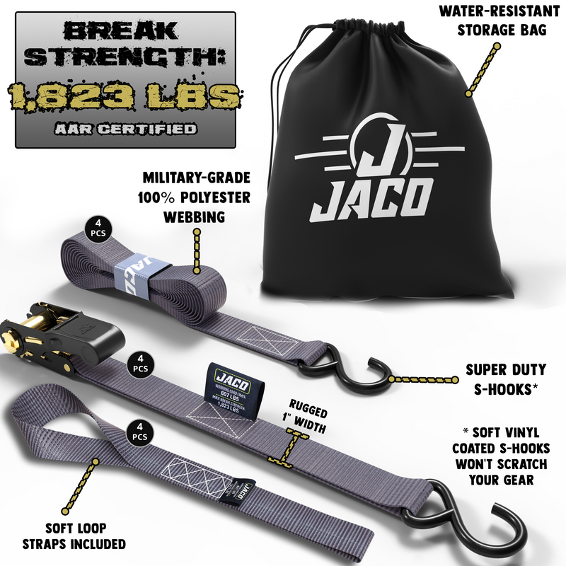 Load image into Gallery viewer, Tie Down Ratchet Straps (4 Pack) - 1 in x 15 ft | AAR Certified Break Strength (1,823 lbs) | Cargo Tie Down Set