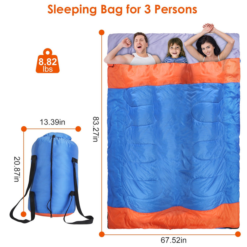 Load image into Gallery viewer, 3 People Sleeping Bag for Adult Kids Lightweight Water Resistant Camping Cotton Liner Cold Warm Weather Indoor Outdoor Use 3 Season with Sack for Spri

