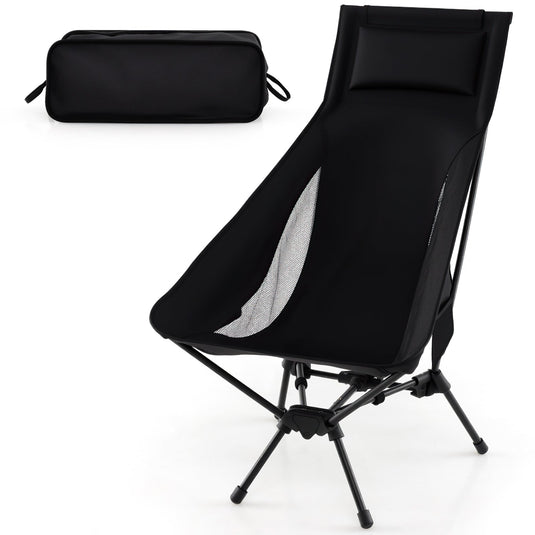 High Back Portable Camping Chair with Compact Carry Bag and Pillow-Black
