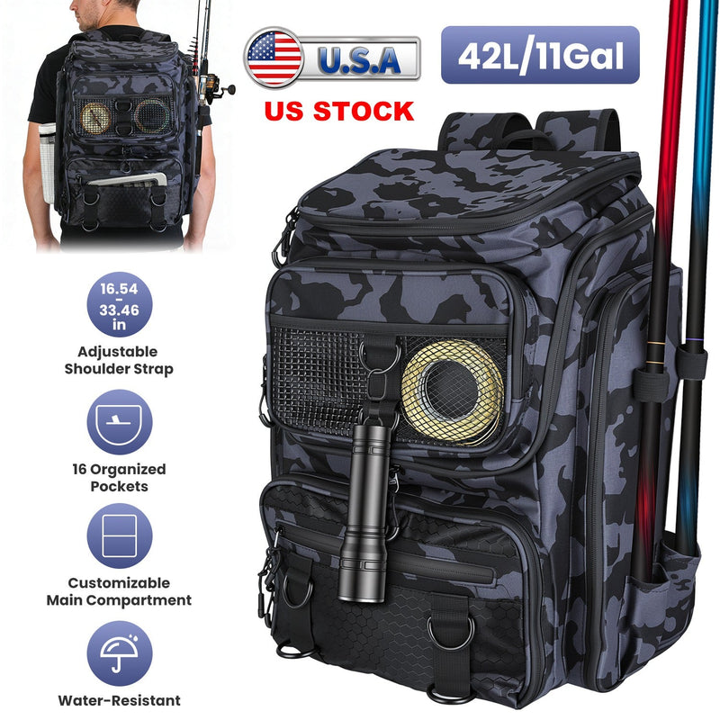 Load image into Gallery viewer, 42L/11Gal Fishing Backpack Large Capacity Fishing Tackle Storage Bag with Rod Holders 16-Pocket Water-Resistant with Divider Adjustable Padded Straps
