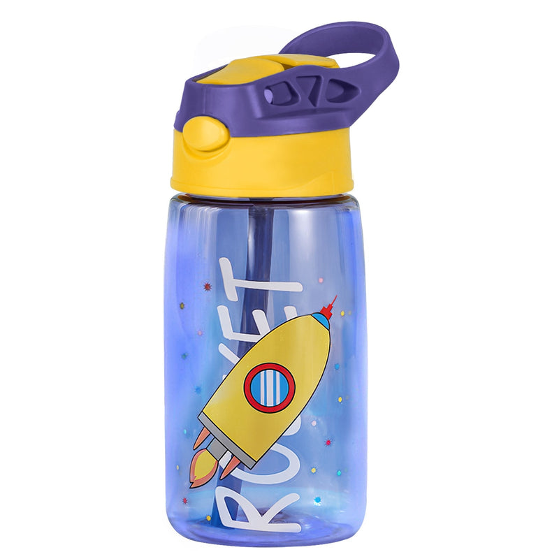 Load image into Gallery viewer, 16.2Oz Leak-proof Kids Water Bottle with Straw Push Button Sport Water Bottle for Kids Crab Ship Jellyfish Rocket
