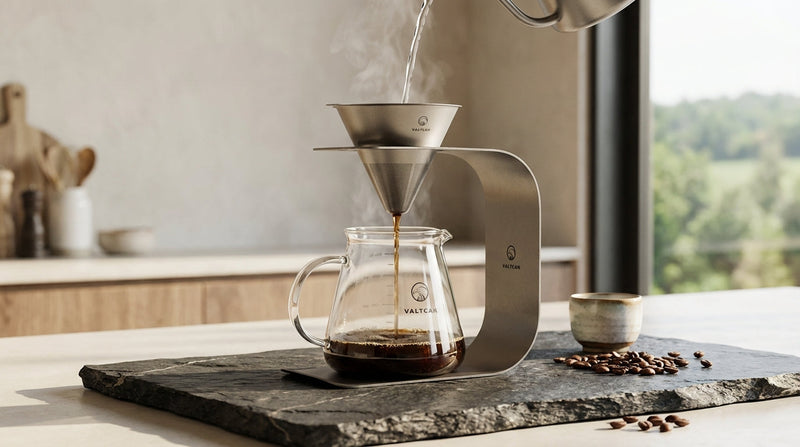 Load image into Gallery viewer, Valtcan Titanium Pour Over Coffee Set - Your Last Paper Filter Was Yesterday. 10,000+ laser-cut slots · Borosilicate glass carafe · Brews coffee &amp; tea

