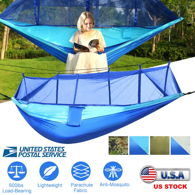 Load image into Gallery viewer, 600lbs Load 2 Persons Hammock w/Mosquito Net Outdoor Hiking Camping Hommock Portable Nylon Swing Hanging Bed w/ Strap Hook Carry Bag
