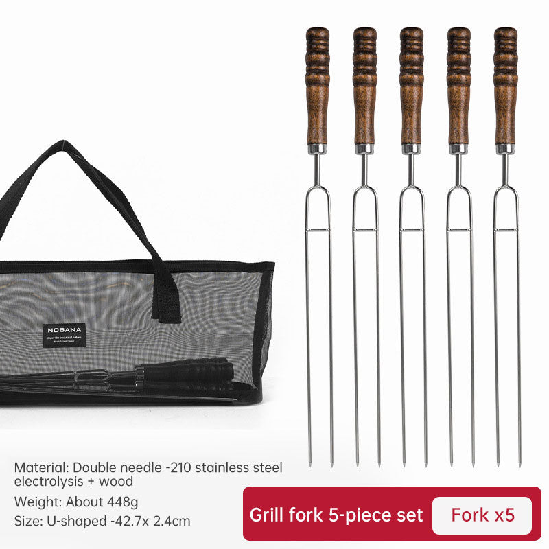 Load image into Gallery viewer, Outdoor Grill Grill Fork Wood Handle U Type Grill Pin Stainless Steel Grill Stick Wood Handle U Type Roast Pin Picnic Grill Meat
