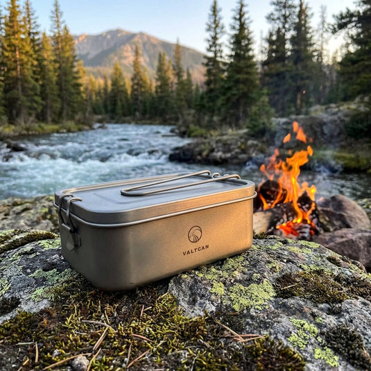 Reheat Over Fire. Same Box. 1200ml Titanium Bento · Airtight leakproof seal · Reheatable on open flame · 9 oz