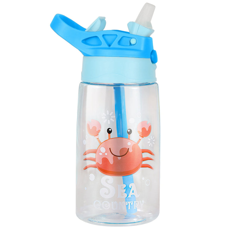 Load image into Gallery viewer, 16.2Oz Leak-proof Kids Water Bottle with Straw Push Button Sport Water Bottle for Kids Crab Ship Jellyfish Rocket
