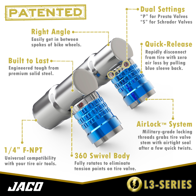 Load image into Gallery viewer, Lightning™ L3-Series Bike Tire Air Chuck - 1/4" F-NPT (Presta + Schrader Valves) | Open Flow (2 Pack)
