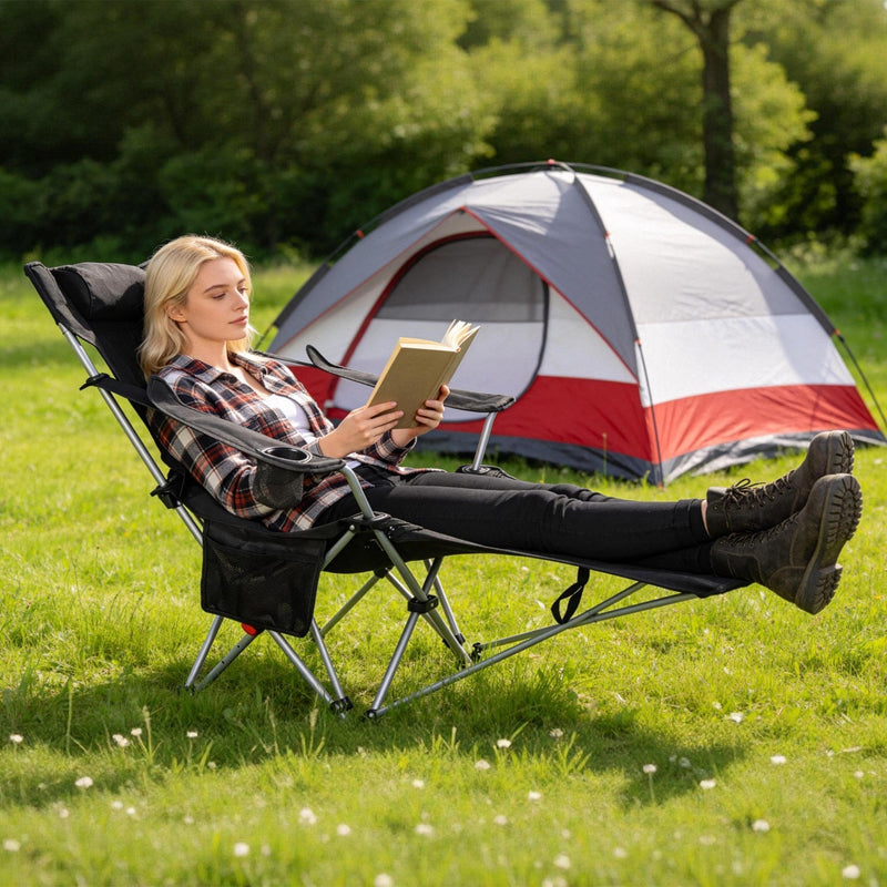 Load image into Gallery viewer, Reclining Camping Chair with Footrest 4-Position Adjustable Outdoor Folding Chair Heavy Duty Portable Camping Lounge Chair with Headrest Cup Holder &amp;
