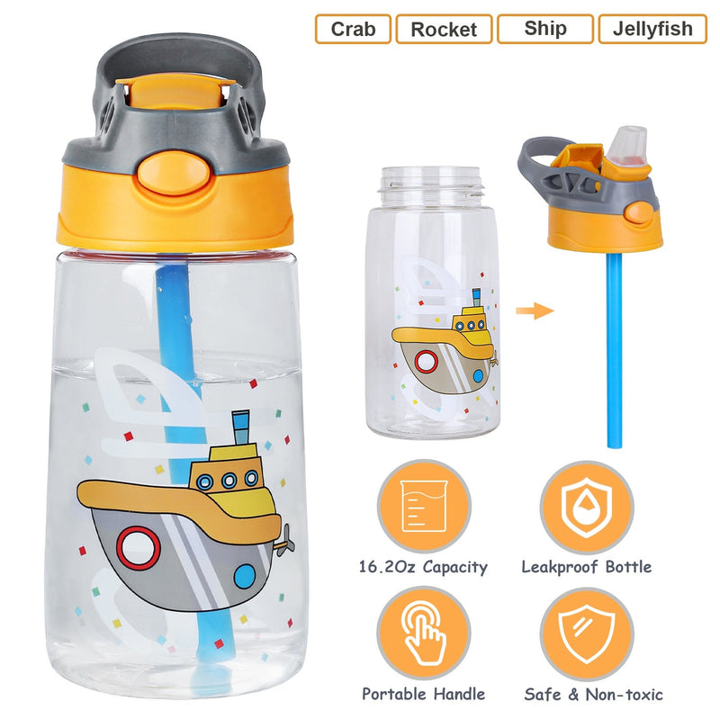Load image into Gallery viewer, 16.2Oz Leak-proof Kids Water Bottle with Straw Push Button Sport Water Bottle for Kids Crab Ship Jellyfish Rocket
