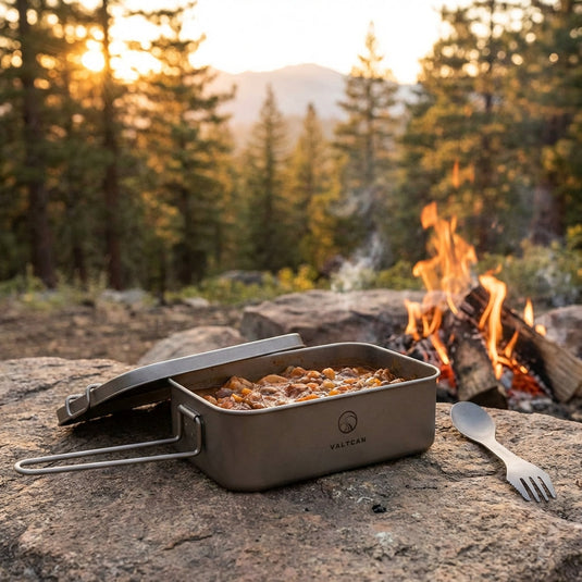Reheat Over Fire. Same Box. 1200ml Titanium Bento · Airtight leakproof seal · Reheatable on open flame · 9 oz