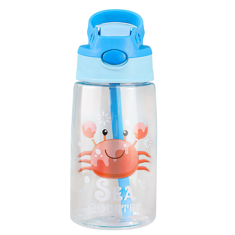 Load image into Gallery viewer, 16.2Oz Leak-proof Kids Water Bottle with Straw Push Button Sport Water Bottle for Kids Crab Ship Jellyfish Rocket
