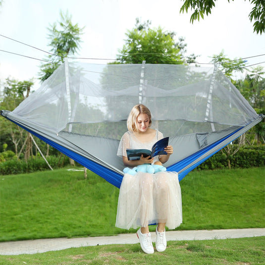 600lbs Load 2 Persons Hammock w/Mosquito Net Outdoor Hiking Camping Hommock Portable Nylon Swing Hanging Bed w/ Strap Hook Carry Bag