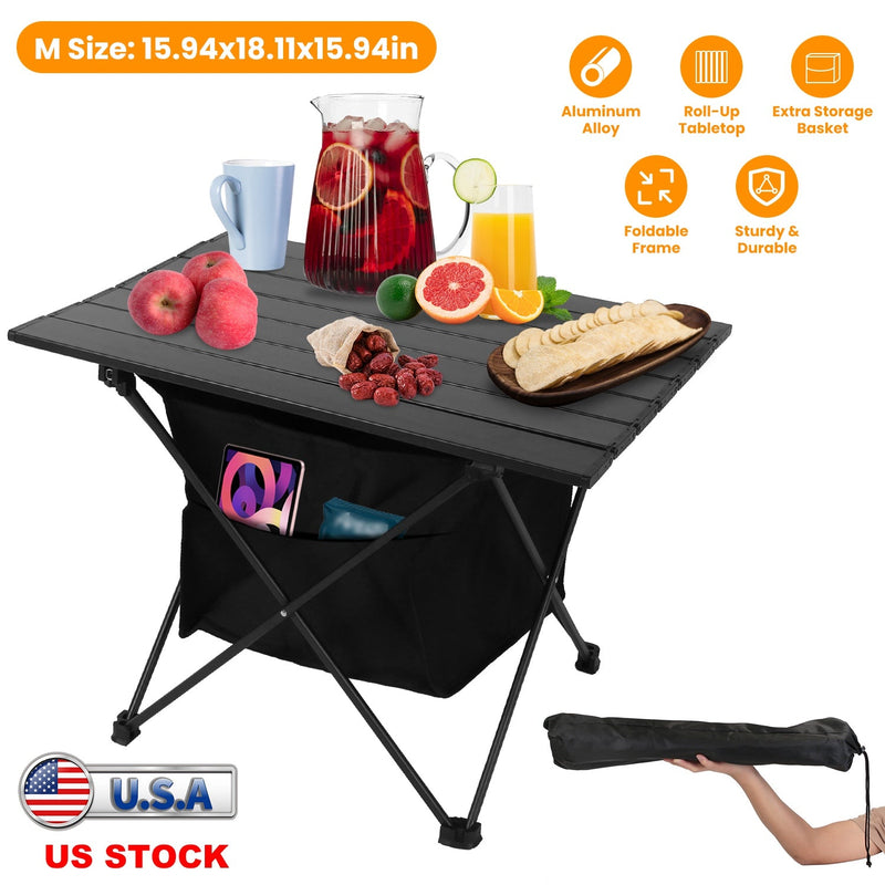 Load image into Gallery viewer, Foldable Camping Table With Storage Basket Rustproof Portable Aluminum Alloy Roll-Up Camping Table With Carrying Bag For Camping Hiking BBQ Picnic Fis
