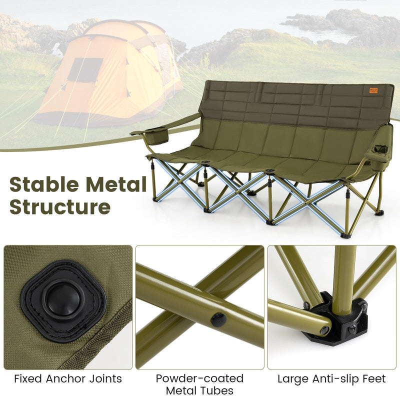 Load image into Gallery viewer, 3 Person Folding Camping Chair with 2 Cup Holders Cotton Padding &amp; Storage Bag
