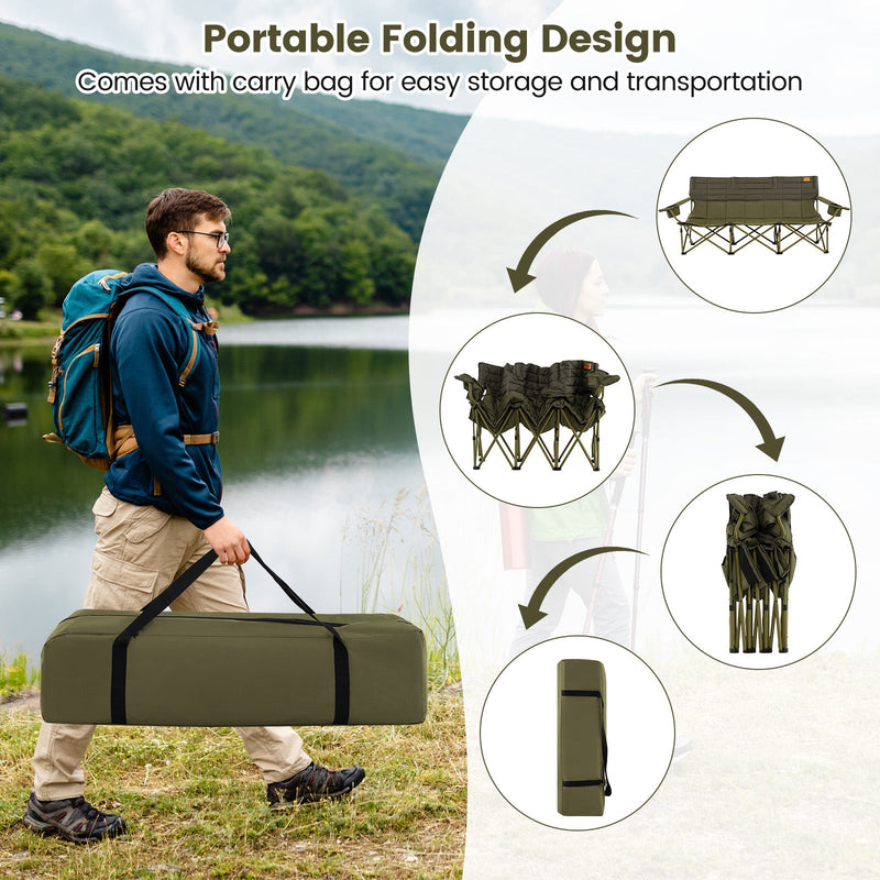 Load image into Gallery viewer, 3 Person Folding Camping Chair with 2 Cup Holders Cotton Padding &amp; Storage Bag
