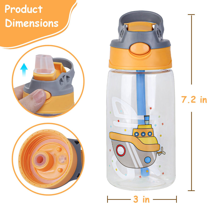 Load image into Gallery viewer, 16.2Oz Leak-proof Kids Water Bottle with Straw Push Button Sport Water Bottle for Kids Crab Ship Jellyfish Rocket
