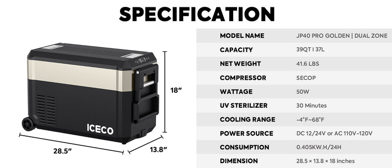 Load image into Gallery viewer, JP40 Pro Dual Zone Wheeled Portable Freezer- Golden | ICECO | 40 LT
