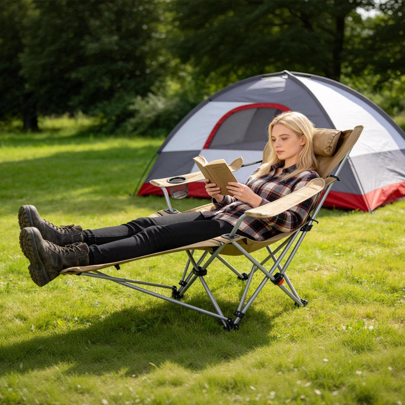 Load image into Gallery viewer, Reclining Camping Chair with Footrest 4-Position Adjustable Outdoor Folding Chair Heavy Duty Portable Camping Lounge Chair with Headrest Cup Holder &amp;
