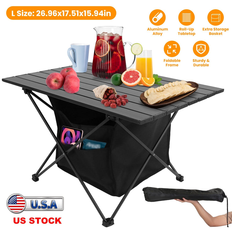 Load image into Gallery viewer, Foldable Camping Table With Storage Basket Rustproof Portable Aluminum Alloy Roll-Up Camping Table With Carrying Bag For Camping Hiking BBQ Picnic Fis
