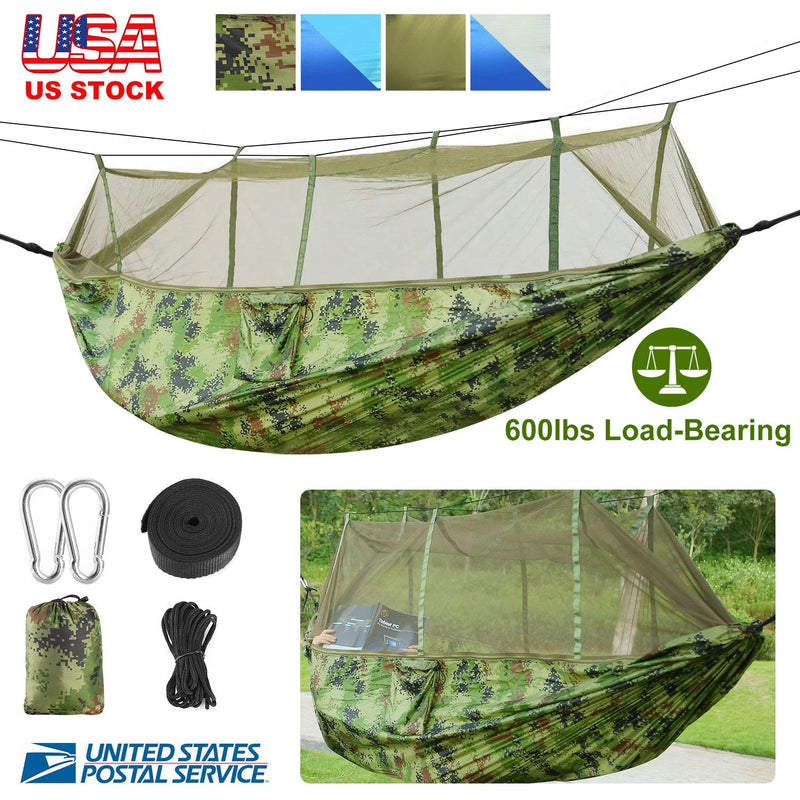 Load image into Gallery viewer, 600lbs Load 2 Persons Hammock w/Mosquito Net Outdoor Hiking Camping Hommock Portable Nylon Swing Hanging Bed w/ Strap Hook Carry Bag
