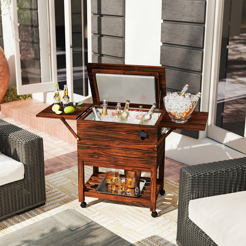 Load image into Gallery viewer, 54 Quart Wooden Cooler Cart for Patio Rolling Ice Chest with Shelves-Brown
