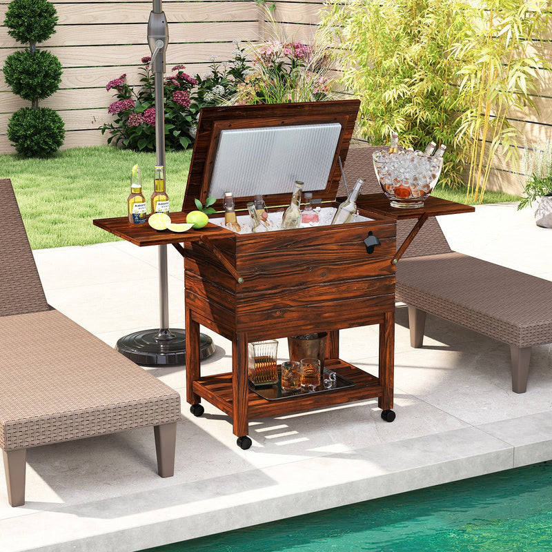 Load image into Gallery viewer, 54 Quart Wooden Cooler Cart for Patio Rolling Ice Chest with Shelves-Brown
