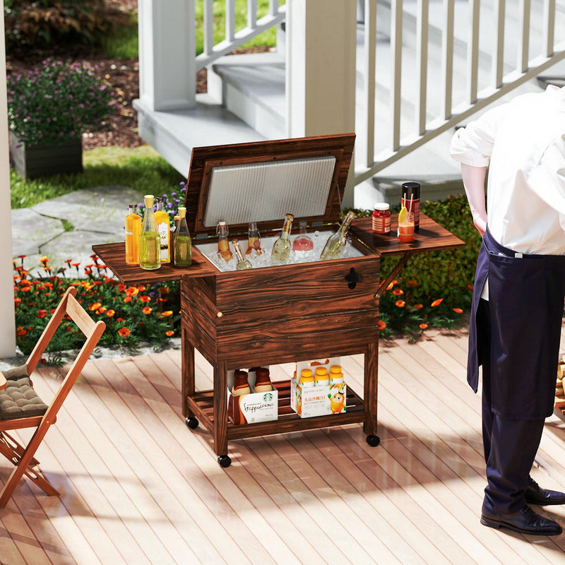 Load image into Gallery viewer, 54 Quart Wooden Cooler Cart for Patio Rolling Ice Chest with Shelves-Brown
