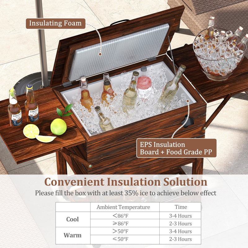 Load image into Gallery viewer, 54 Quart Wooden Cooler Cart for Patio Rolling Ice Chest with Shelves-Brown
