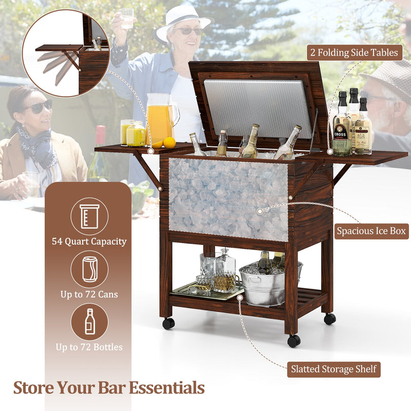 Load image into Gallery viewer, 54 Quart Wooden Cooler Cart for Patio Rolling Ice Chest with Shelves-Brown
