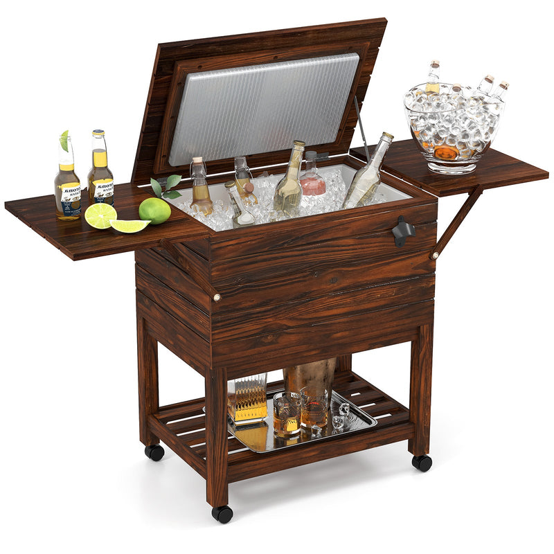 Load image into Gallery viewer, 54 Quart Wooden Cooler Cart for Patio Rolling Ice Chest with Shelves-Brown
