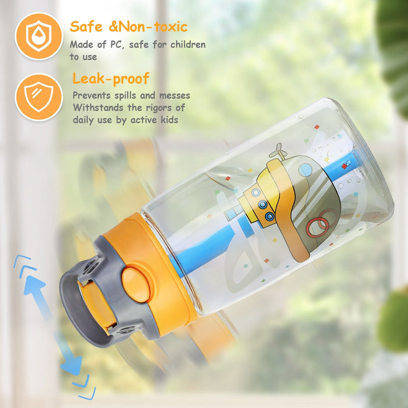 Load image into Gallery viewer, 16.2Oz Leak-proof Kids Water Bottle with Straw Push Button Sport Water Bottle for Kids Crab Ship Jellyfish Rocket
