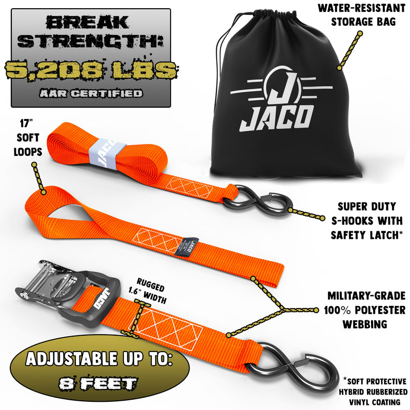 Load image into Gallery viewer, Heavy Duty Ratchet Tie Down Straps with Soft Loops (1.6" x 8 ft) | AAR Certified Break Strength (5,208 lbs)
