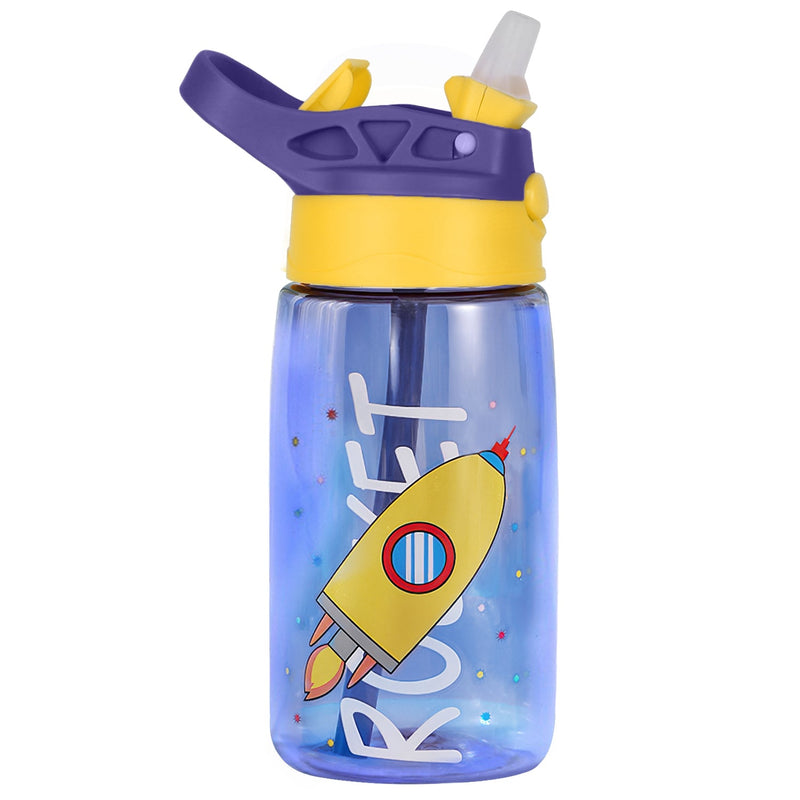 Load image into Gallery viewer, 16.2Oz Leak-proof Kids Water Bottle with Straw Push Button Sport Water Bottle for Kids Crab Ship Jellyfish Rocket
