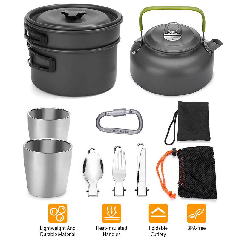 Load image into Gallery viewer, 12Pcs Camping Cookware Set Camping Stove Aluminum Pot Pans Kit for Hiking Picnic Outdoor with Cup Fork Spoon Knife
