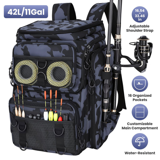42L/11Gal Fishing Backpack Large Capacity Fishing Tackle Storage Bag with Rod Holders 16-Pocket Water-Resistant with Divider Adjustable Padded Straps