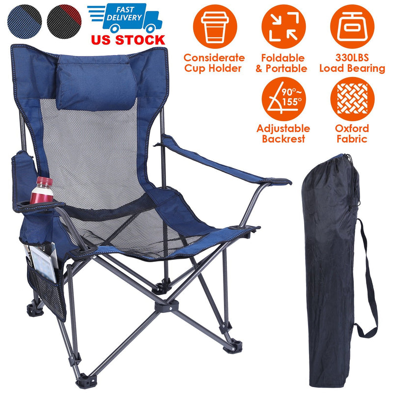 Load image into Gallery viewer, Foldable Camping Chair 330LBS Load Heavy Duty Steel Lawn Chair Collapsible Chair with Reclining Backrest Angle Cup Holder Pillow Side Pocket Carry Bag
