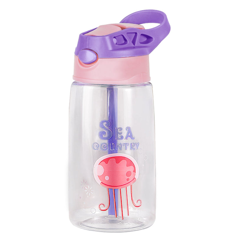 Load image into Gallery viewer, 16.2Oz Leak-proof Kids Water Bottle with Straw Push Button Sport Water Bottle for Kids Crab Ship Jellyfish Rocket

