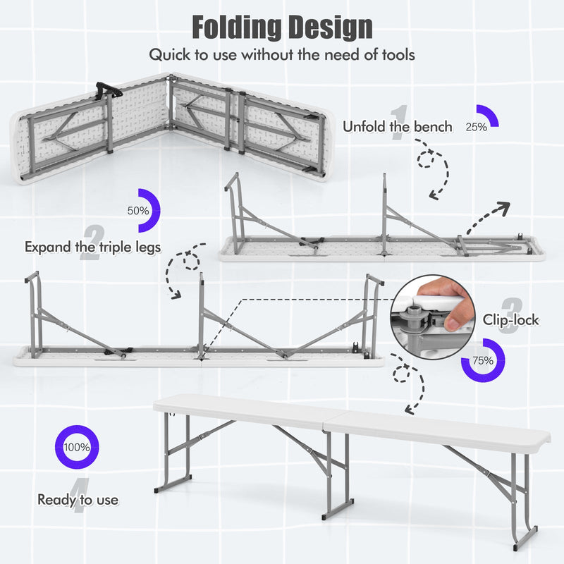 Load image into Gallery viewer, 6 Feet Plastic Folding Bench Picnic Camping Dining Seat with Carrying Handle-White
