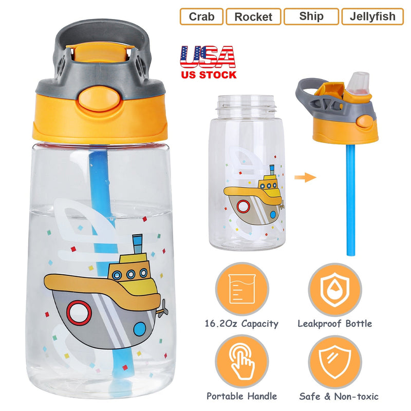 Load image into Gallery viewer, 16.2Oz Leak-proof Kids Water Bottle with Straw Push Button Sport Water Bottle for Kids Crab Ship Jellyfish Rocket
