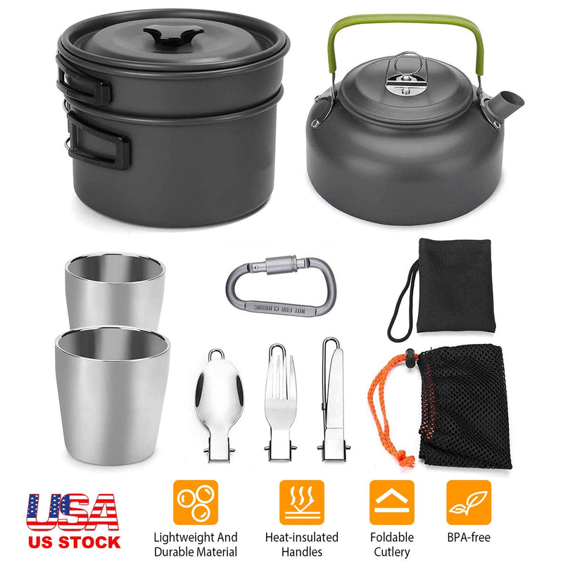 Load image into Gallery viewer, 12Pcs Camping Cookware Set Camping Stove Aluminum Pot Pans Kit for Hiking Picnic Outdoor with Cup Fork Spoon Knife

