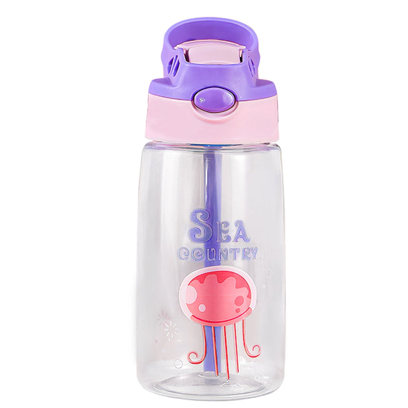 Load image into Gallery viewer, 16.2Oz Leak-proof Kids Water Bottle with Straw Push Button Sport Water Bottle for Kids Crab Ship Jellyfish Rocket
